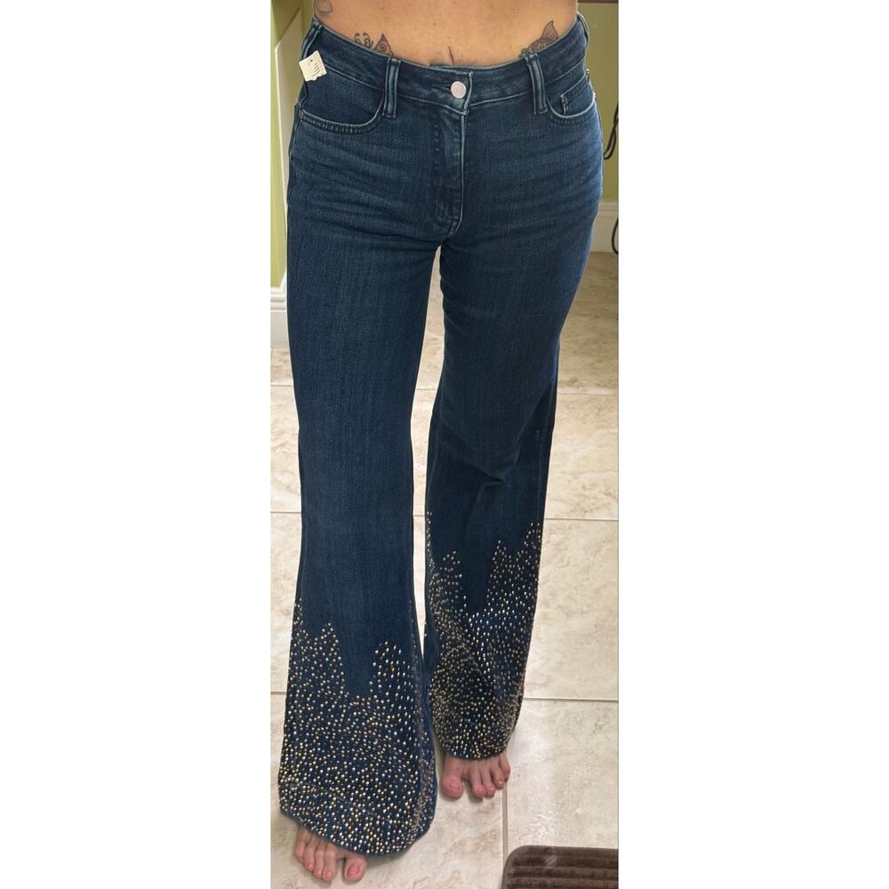 Pilcro High-Rise Flare Jeans Dark Wash Studded Hem Size 25 trendy $168 NWT - Picture 4 of 11